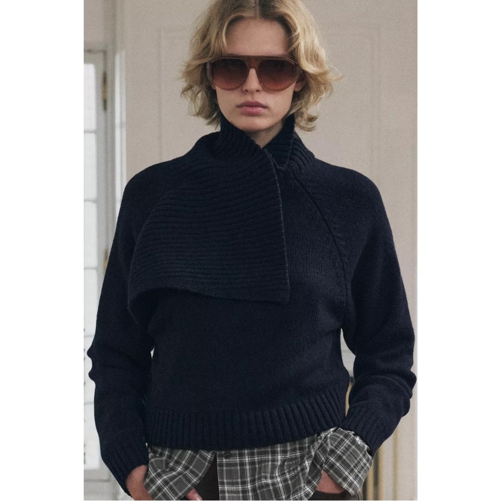 ZARA Ribbed Asymmetrical Turtleneck Sweater Navy Wool Blend Size S Minimal Knit - Picture 16 of 16
